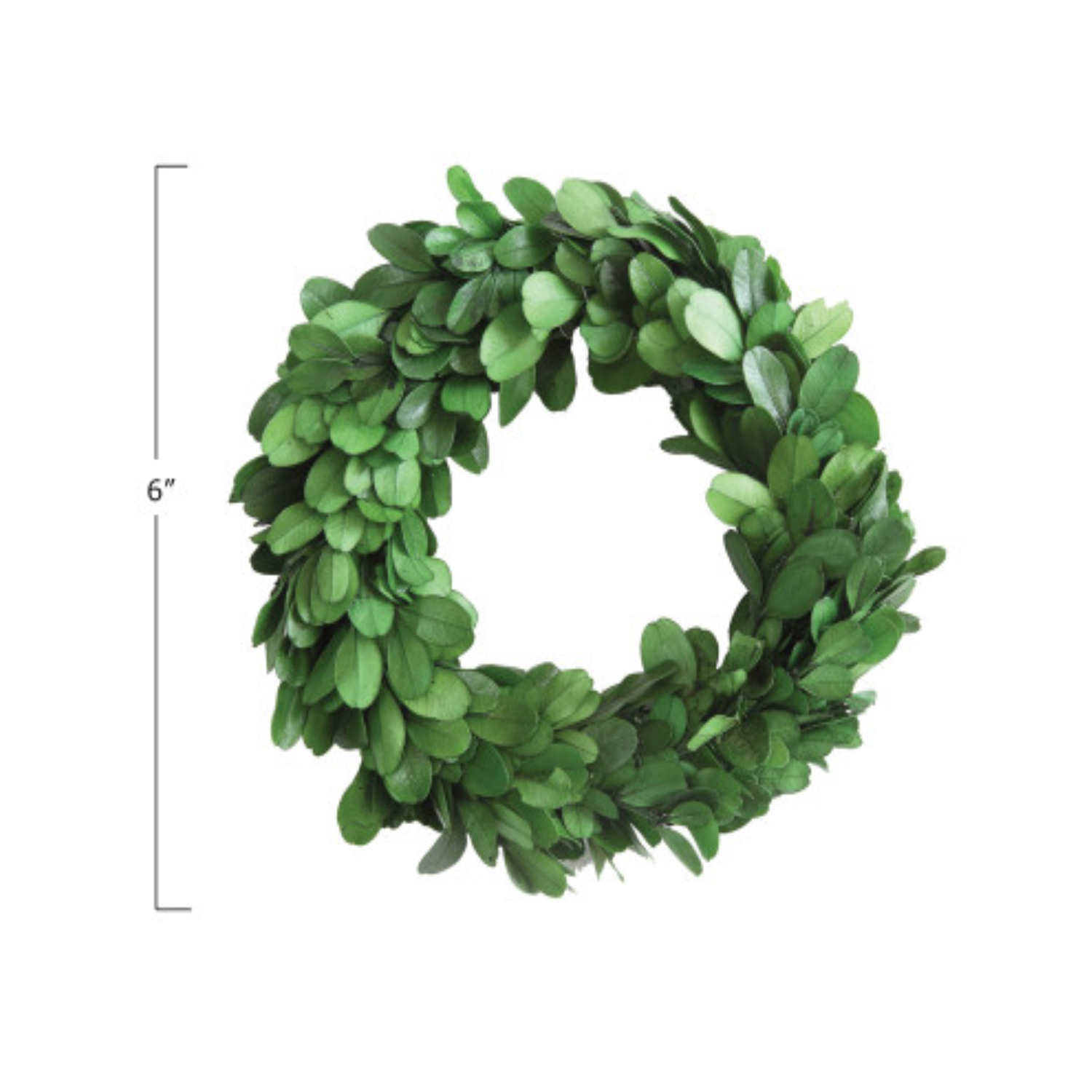 A circular preserved boxwood wreath with deep green leaves, handcrafted and intended for indoor use.